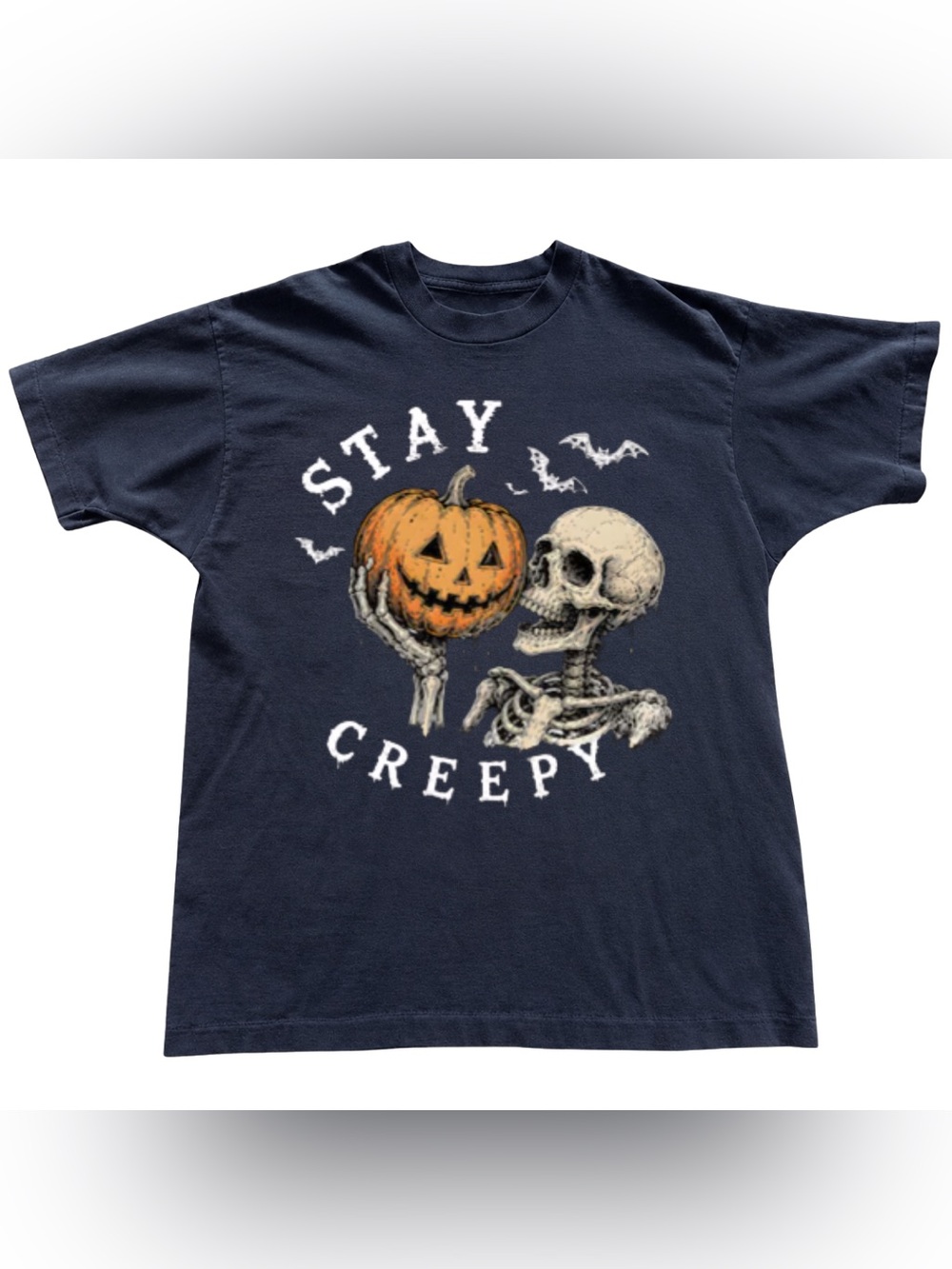 Fun Spooky Navy Halloween Skeleton Pumpkin Tee - Vintage For Unisex